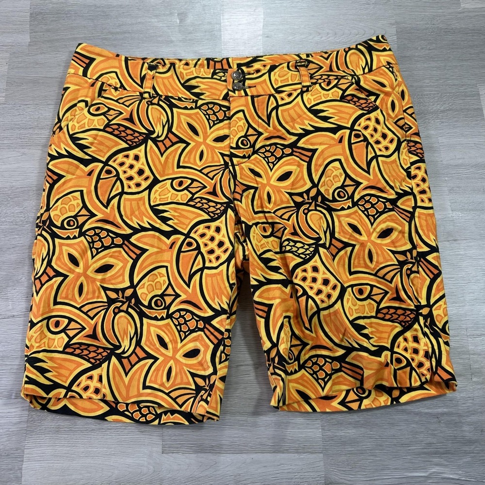 Loudmouth Shorts Womens 12 Orange Bermuda Stretch Tropical Bird Print Pattern